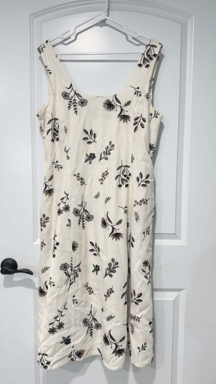 Embroidered Botanical Linen Blend Midi Dress Cottagecore Size XL